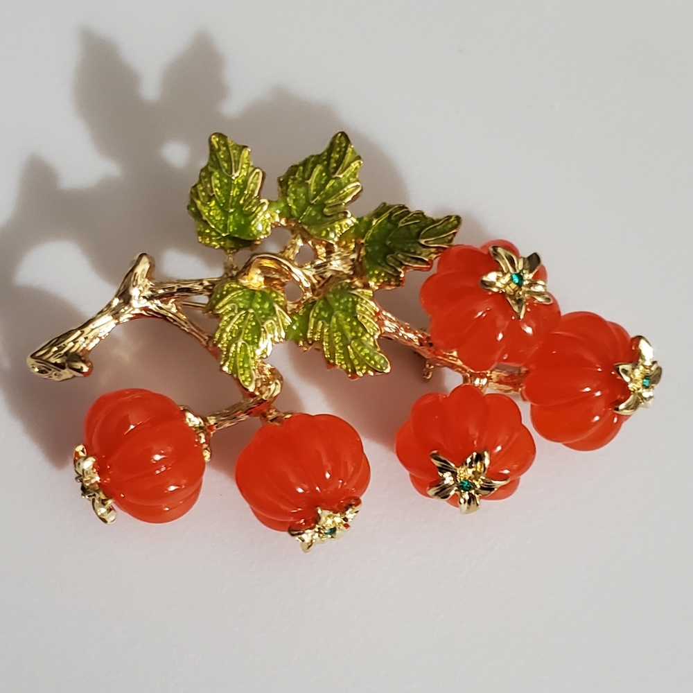 Pumpkin patch brooch berries persimmon pin Beautiful beads enamel vintage style